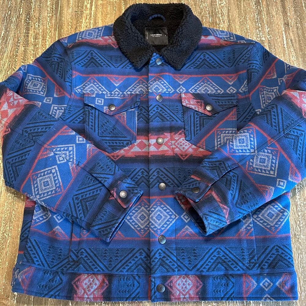 Lucky Brand Sherpa Lined Southwest AOP Snap Button Coat Blue Black Mens Size L